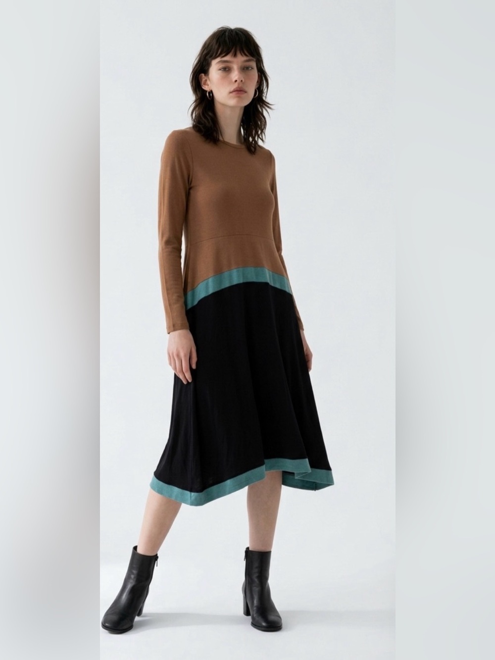 Brown and Black Colorblock Midi Skirt Dress with Teal Trim